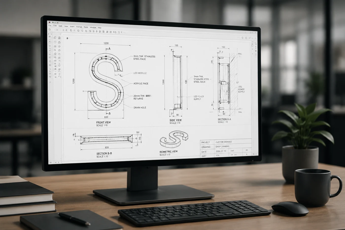 Detailed signage shop drawing on a monitor