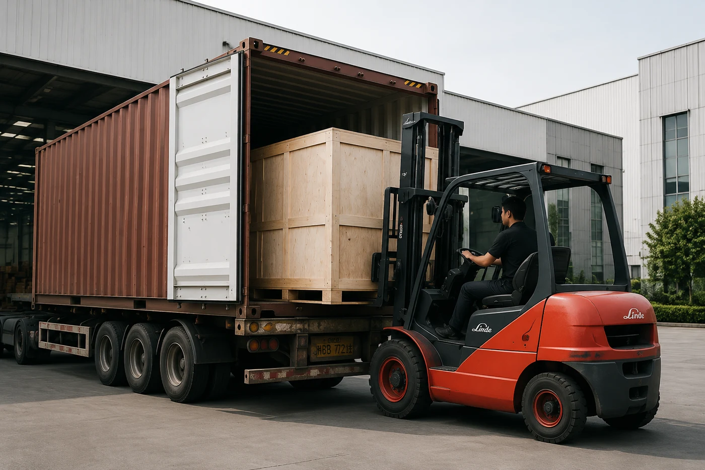 Protective wooden crate being loaded into a shipping container